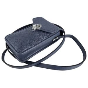 Oberon Design Leather Molly Cell Phone Handbag, Embossed Acanthus Leaf Navy